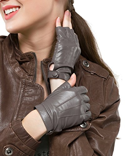 Nappaglo Women Driving Nappa Leather Gloves Half Finger Fingerless Lined Gloves
