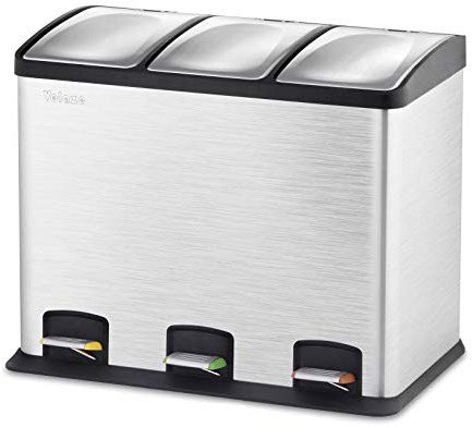 Velaze 3 x 12L Abfalleimer Küche, Mülleimer mit 3 Fächern, Mülltrennsystem für Küchenabfälle, Treteimer mit Fußpedal und Deckel, Inneneimer aus Kunststoff, sanft schließender Deckel, Silber