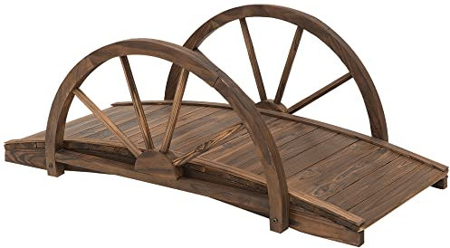 Outsunny Wooden Garden Bridge Lawn Décor Stained Finish Arc Outdoor Pond WalkwayYard Decoration Half Wheeled Railings 100L x 50W x 37Hcm