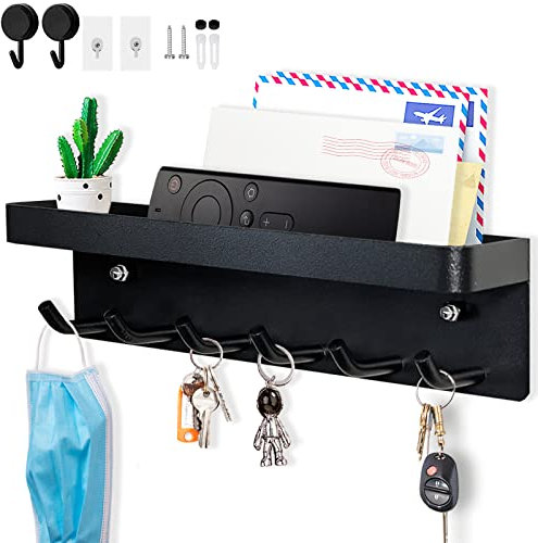 Echehi 6 Hooks Key Holder, Self-Adhesive or Drilled Wall Key Rack, Key Hooks Wall Mounted for Entrance Areas, Offices, Bathrooms, Living Rooms. Black