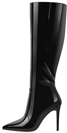 Only maker Damen Kniehohe Stiefel Klassische Spitze Boots Langschaft Stiletto Stiefel Lack Metallic Schwarz 38 EU