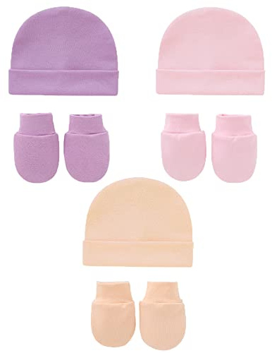Snegyu Gorro de hospital para recién nacido de algodón, juego de gorro y manoplas antiarañazos para bebé de 0-3/0-6 meses, niños y niñas, esenciales, gorro de bebé, gorras de bebé y guantes, 6 piezas