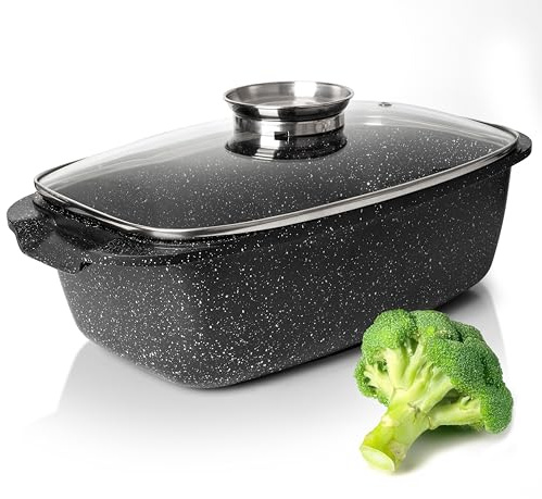 Moss & Stone 6 Quart Oval Roaster Pot with Lid, 12x8.3 Die Cast Aluminum Chicken Roaster, Induction, Gas & Ceramic Cooktop Compatible, Hard Anodized Nonstick Roasting Pan With Lid, Oven Safe