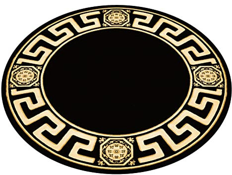 Belle Arti Runder Teppich Wohnzimmer Schlafzimmer Flur Mäander Muster Kurzflor 150 Durchmesser in schwarz Gold - rutschfest weich antiallergisch 100% Viskose - 150 cm, Rund