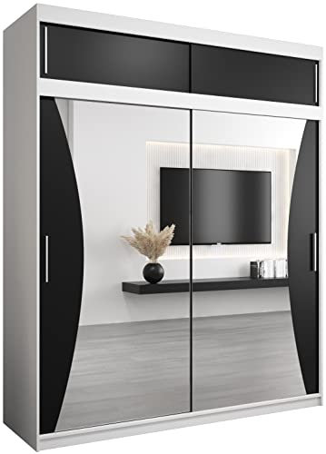 MEBLE KRYSPOL Kleiderschrank mit Spiegel Monaco - Garderobenschrank - Schrank Schlafzimmer - Mehrzweckschrank Zwei Schiebetüren - Regalen - Flur Möbel - Kleiderstange Schrank - Allzweckschrank