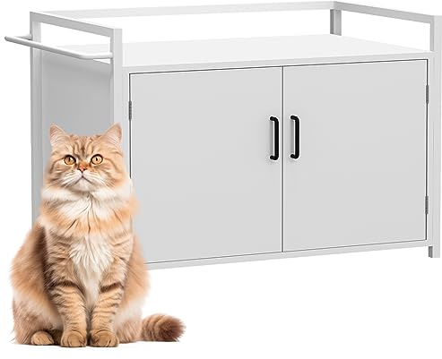 BAKAJI Meuble de litière pour chats relevé avec entrée latérale en forme de chat, armoire multifonction pour animaux domestiques, 2 portes, fermeture magnétique pour niche, structure en fer, 75 x 55 x