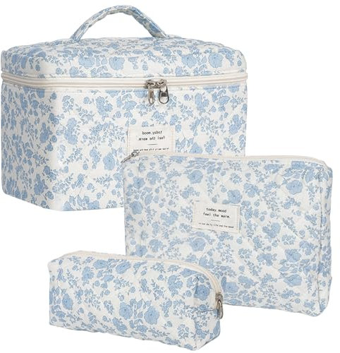 3er Set Kosmetiktasche Kulturtasche Damen mit Blumenmuster, Gesteppte Kulturbeutel Make Up Tasche Tragbare Schminktasche Cosmetic Bag, Waschtasche Set Frauen Mädchen Toilettentasche für Alltag Reisen