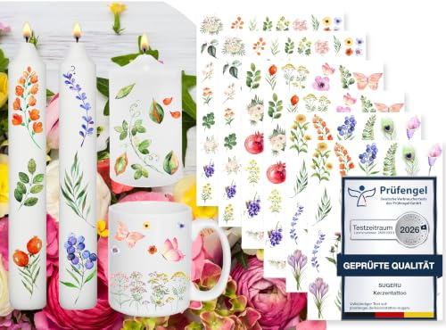 Sugeru Lot de 6 tatouages pour bougies (plus de 200 motifs) - Impression par transfert d'eau - Film coulissant - Film pour bougies - Autocollants pour bougies - Décoration de bougies (fleurs aquarelle