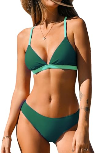CUPSHE Bikini Set for Women Two Piece Swimsuits V Neck Low Rise Crisscross Back Self Tie Spaghetti Straps,M Green/Teal