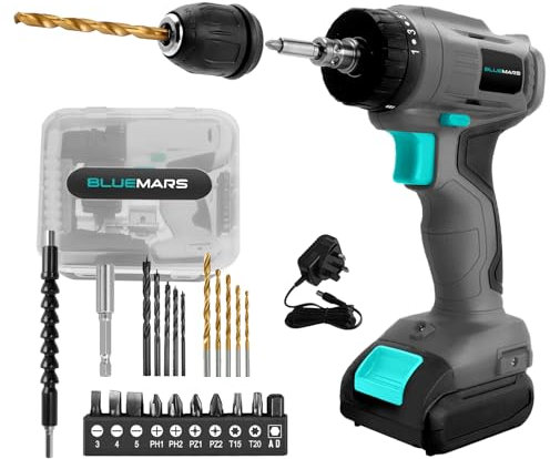 BlueMars Cordless Multifunction Screwdriver and Combi Drill Set for Furniture & DIY, 12V Rechargeable Battery, Mini Gift for Craftsmen, Detachable Chuck, 2 Speeds, 19 Torque Settings, LED Light
