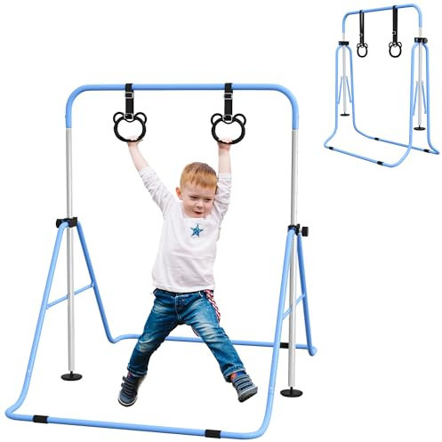 HOMCOM Kids Gymnastics Bar, Horizontal Bar for Kids, Adjustable Height Folding Gymnastics Equipment with Rings, Non-slip Rubber Floor Rings, for Home, Flat, Blue