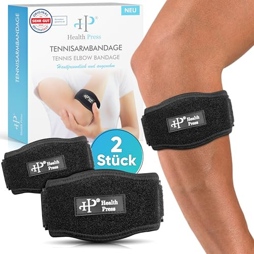 Health Press Tennisarmbandage – 2x Ellenbogen Bandagen – Ellenbogenbandage zur gezielten Entlastung der Sehnenansätze am Ellenbogen – Stützende Tennisarm & Golferarm Bandage – Verstellbares Band