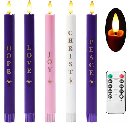 Stmarry Flameless Advent Candles Battery Operated, Advent Candles Set of 5, 10 Inch Tall, Realistic 3D Flames and Remote Control, Electric LED Candle Set for Advent Wreath