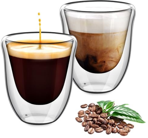AOOTE Verres à expresso à double paroi, 220ml Lot de 2, Verre à Double Paroi, Tasse Verres Double Paroi,Tasses à Espresso en Verre Transparent, pour Café, Cappuccino, Latte, Lait, Jus, Thé