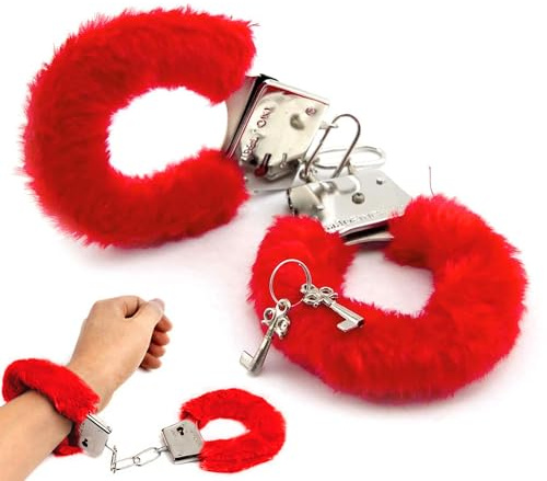 The Fancy Dress Fluffy Fur Handcuffs Adult Women with Keys, Roleplay Accessories for Valentine's Day, Stag Do, Hen Night, Adult Police Cosplay Costume Props for Couples (Red)