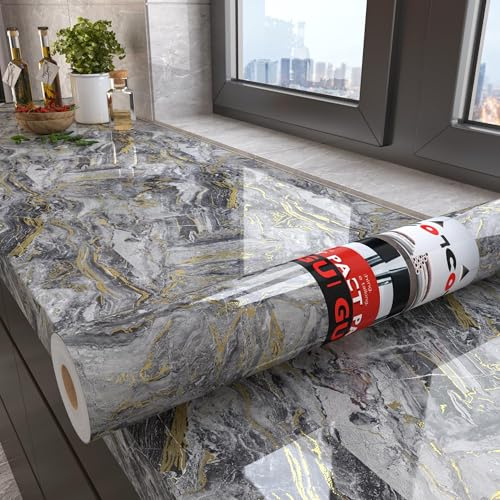 Decotalk Folie Für Möbel Marmor Grau Gold 60X500cm Selbstklebende Tapete Küche Wasserdicht Möbelfolie Selbstklebende Deko-Folie Für Schrank Tisch Abziehbare Klebende Küchenfolie Küchenrückwand