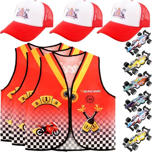 Flotory Costume de pilote de course 12 pièces pour enfants, gilet de course, casquette de voiture, voitures à tirer, ensemble de gilets de déguisement pour garçons et filles, fête à thème de voiture
