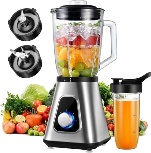 GDOR 1200W Smoothie Blender 2 in 1 Blender with 1.5L Glass Jug & 650ML Travel Cup 3 Speed Smoothie Maker Professional Glass Jug Blenders for Smoothies, Shakes, Frozen Drinks, Ice, Sauces, Silver