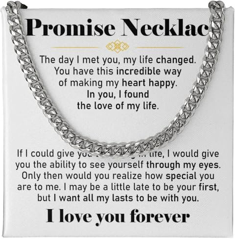 VIRAGIL Promise Necklace Cuban Link Chain for Men, Stainless Steel Silver Chain Necklace with Meaningful Message, Romantic Jewelry for Husband or Partner on Birthday Valentine or Special Occasions
