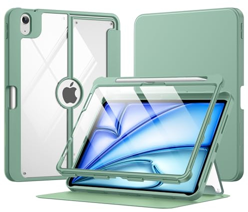 MoKo för iPad Air 11 tum fodral (M4/M3/M2) 2026/2025/2024, iPad Air 5:e/4:e generationens fodral 10,9 tum 2022/2020 med pennhållare, skärmskydd, klar baksida, magnetisk multivinkel, agave-grön