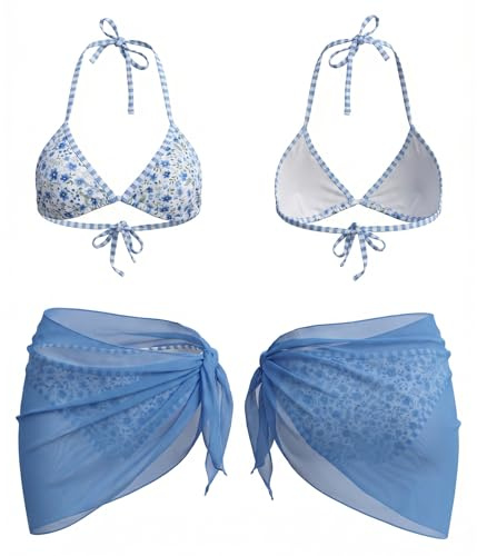 Novocloud Women's 3 Piece Bikini Sets with Skirt, Floral Halter Neck Triangle Swimwear Adjustable Thong Bikini Set Sexy Tie Bathing Suit for Beach Holiday Pool Party (M) Blue