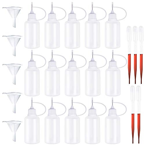 Huayue 30Pcs Precision Bottle Set, 15Pcs 30ml Plastic Empty Needle Tip Glue Bottlesc with 5Pcs Mini Funnels and 5Pcs Pipettes, DIY Craft Quilling Tool for Liquid Glue Oil Ink Paint