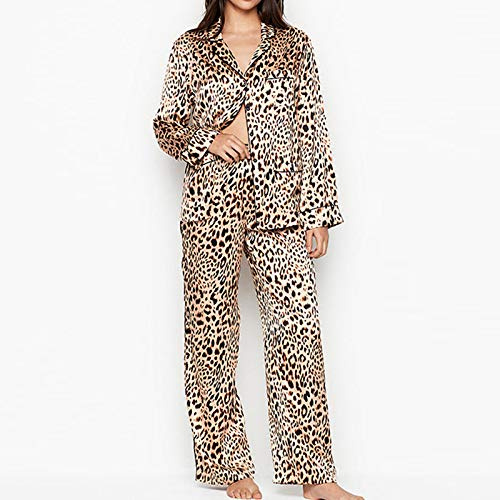 Pijamas De Mujer,Conjunto De Pijama De Satén De Seda Con Estampado De Leopardo,Pijama Con Botones,Ropa De Dormir,Cómoda Y Sedosa,Manga Larga / Manga Corta,Conjuntos De Ropa De Dormir Para Damas,Lar