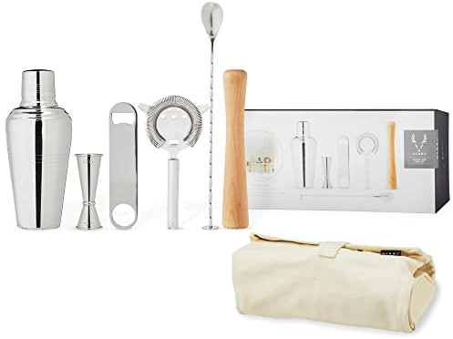 Viski Kit de Camarero de Viaje, Juego de 6 Piezas, mezcladores de Bebidas para cócteles Esenciales de Regalo: coctelera clásica, colador Hawthorne, abridor de Botellas, medidor, Cuchara, mortero y