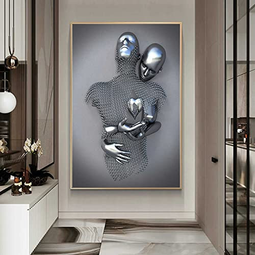 SXFuture Love Heart Effet 3D Wall Art, Toile De Sculpture Abstraite en Métal, Décoration Murale de Peinture Moderne, Grey Art Wall Cadeau de Saint Valentin, Gris, 60 X 80CM