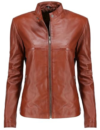 Chaqueta de cuero genuino de piel de cordero suave para mujer, canela, XL