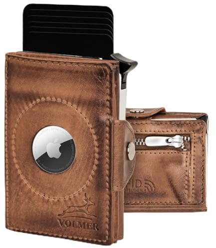 Fa.Volmer ® Echt-Leder AirTag Kartenetui mit Münzfach - max. 12 Karten - RFID Schutz - Herren & Damen | Geldbörse VO34 (Antique Brown)