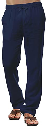Pantaloni di Lino da Uomo Pantaloni di Cotone Casual da Spiaggia Estivi Pantaloni Leggeri con Coulisse