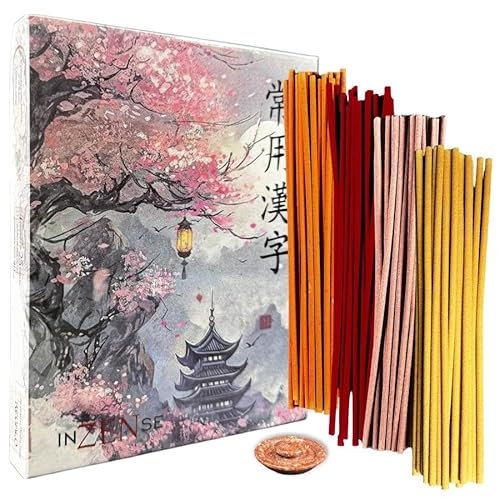 INZENSE- Incienso Natural Japones - Inciensos sin toxicos - Pack inciensos Naturales 100 Unidades Larga duración - Regalo Quemador de Incienso Piedra Jade - 4 Mezclas - Estuche Kasaki