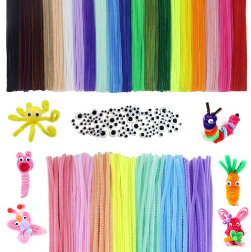LLMtn 400 Stück 27Farben 300 Chenilledraht,100 wackelaugen selbstklebend,Pfeifenputzer Bunt zum Basteln,Macaron Farbe Pfeifenreiniger Bunt zum Basteln,Pipe Cleaner kulleraugen selbstklebend