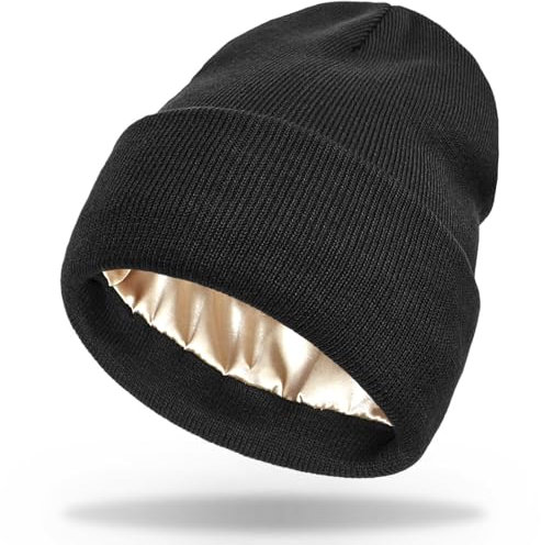LINSOCLE Warme Strickmütze mit Satinfutter Winddichter Beanie Wintermütze für Damen und Herren Schwarze Kaschmir Mütze mit Seidenfutter Unisex Wollmütze Haube in Schwarz Satin Lined Beanie Hat