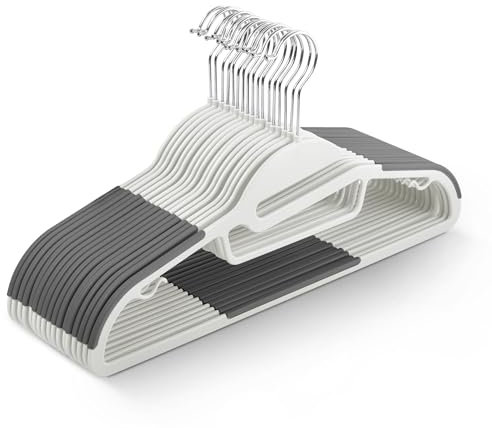 KEPLIN 20-Pack Non-Slip Hangers – Durable, Slimline Design for Space Saving with 360° Swivel, Tie Organiser, Strap Hooks, and S-Shape Opening (White)