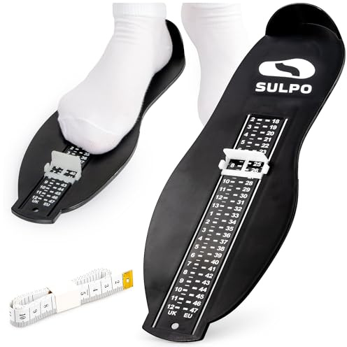 SULPO Medidor de tamaño de zapatos para niños - Medidor de pies para niños - Medidor de pies para niños y adultos - Medidor de tamaño de zapatos - Cinta métrica para niños - UK 2-12 / EU 18-47 - Negro