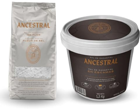 Sal en Escamas Ancestral - Sal sin microplásticos, sal ideal para asar carne - Más sabrosa que la sal céltica o sal marina (Pack Cubo 1,5 kg + Flor de Sal 1,5 kg)