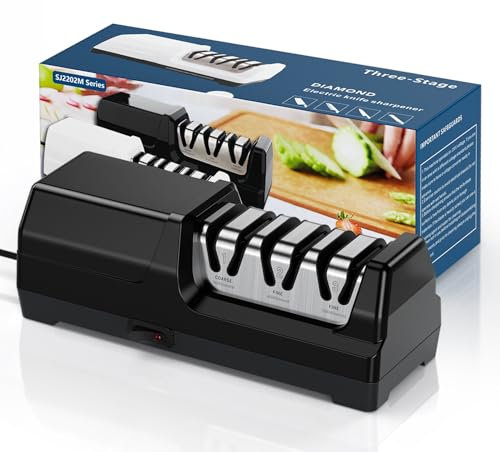 Aiguiseur de couteaux électrique MusyVocay 100% diamant, aiguiseur de couteaux de cuisine professionnel à 3 niveaux et 20 degrés avec guide d'angle de précision pour un affûtage grossier (Noir)