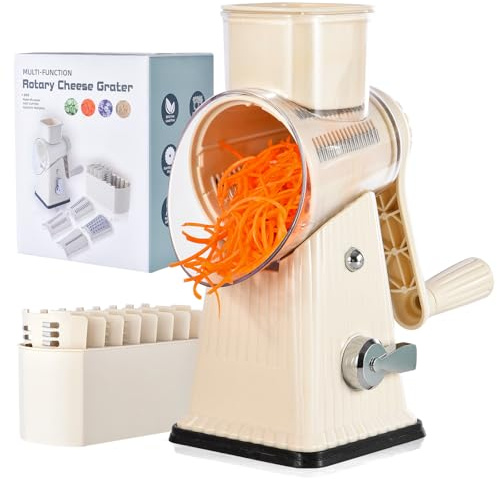 Xilrvna RotaryCheese Grater,VegetableShredder 5 in 1 Cheese Grater with HandleedderReinforcedSuction,EasytoClean,KitchenChopperforCrushedIce,Fruits and Nuts with Blade Storage Case（White