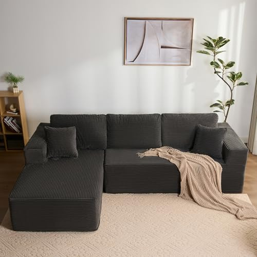 Litbird Modulares L-förmiges Ecksofa mit Schlaffunktion – rahmenloses Schlafsofa mit Chaiselongue Links, extra tiefer Sitzfläche, montagefrei, für Wohnzimmer,Grau