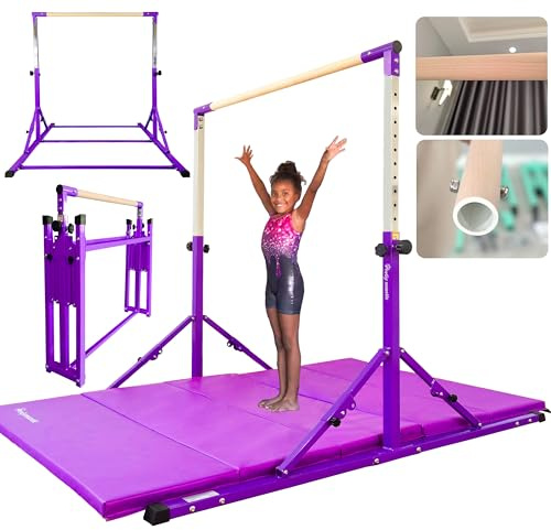 PreGymnastic Foldable Gymnastics Bar, 6FT Horizontal Bars, Folding Training Bar for Kids Ages 3-18, Weight Limit 500 LB, Adjustable kip Bar,Home Gym Equipment Indoor(Foldable Bar with Mat,Violet-Mat)