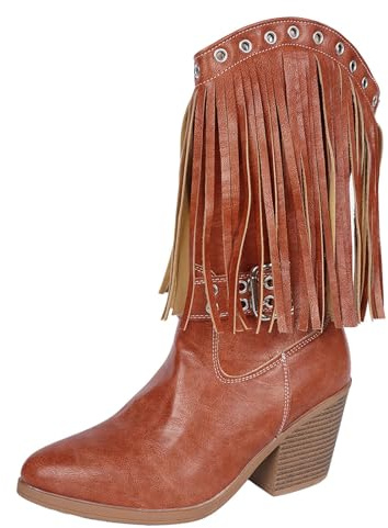 2025 Botas de moda para mujer con media pantorrilla alta, hebilla de metal con flecos, punta puntiaguda elegante, tacón grueso, diseño simple de deslizamiento para el tiempo libre, zapatillas blancas