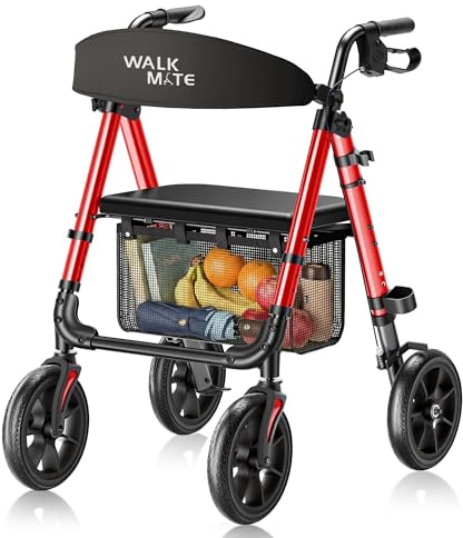 WALK MATE Deambulatore per anziani con posti a sedere con ruote grandi da 25,4 cm – leggero aiuto per la mobilità regolabile in altezza, con design del sedile, per uso interno ed esterno, borsa