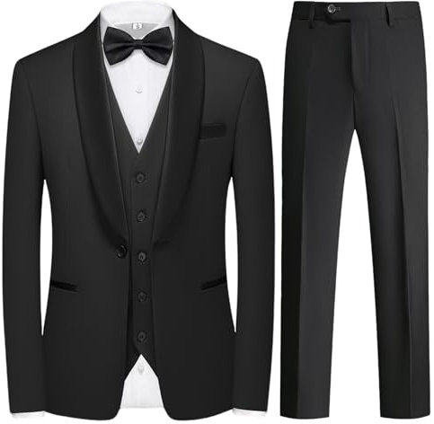 KUDMOL Men's 3 Piece Tuxedo Suit Shawl Lapel Blazer Vest Trousers Set Black