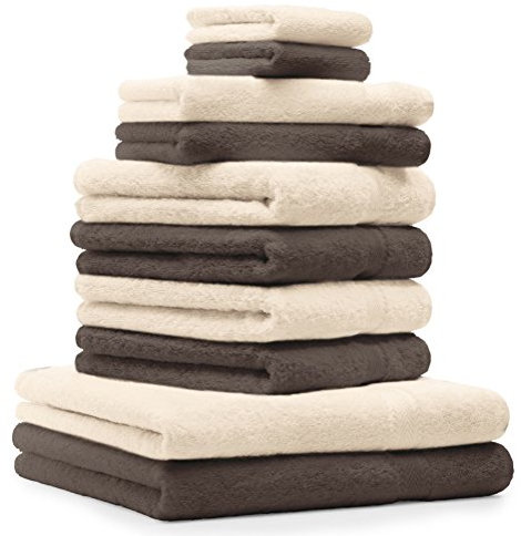 Betz 10-TLG. Handtuch-Set Classic 100% Baumwolle 2 Duschtücher 4 Handtücher 2 Gästetücher 2 Seiftücher Farbe nussbraun und beige