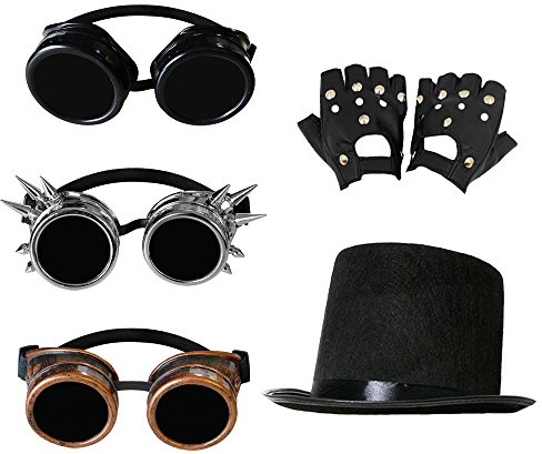 Accessoires style steampunk avec un chapeau haut de forme + une paire de lunettes argentées + une paire de gants pour adulte. Idéal pour les enterrements de vie de garçon ou de jeune fille.