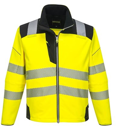 Portwest T402 Men's PW3 Hi Vis Safety Jacket - Windproof Water Resistant High Visibility Reflective Softshell Jacket Yellow/Black, Medium