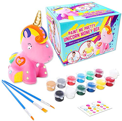 GirlZone Paint Your Own Unicorn Piggy Bank for Girls, Paint a Cute Unicorn with Cool Metallic Paints, Great Craft Kit for Kids and Fun Gift Idea