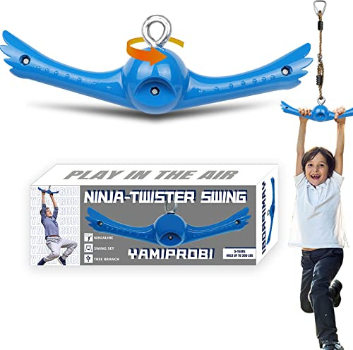 YAMIPROBI Ninja-Twister Swing Spins Set: Slackline Attachments - 360° Handle Twist-Spin Flips Toy Activate Ninja Powers Warrior Accessories Kids Hang Toys for Playground Backyard Blue